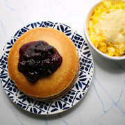 Low Carb - Pancakes with Cheesy Eggs & Blueberry Compote