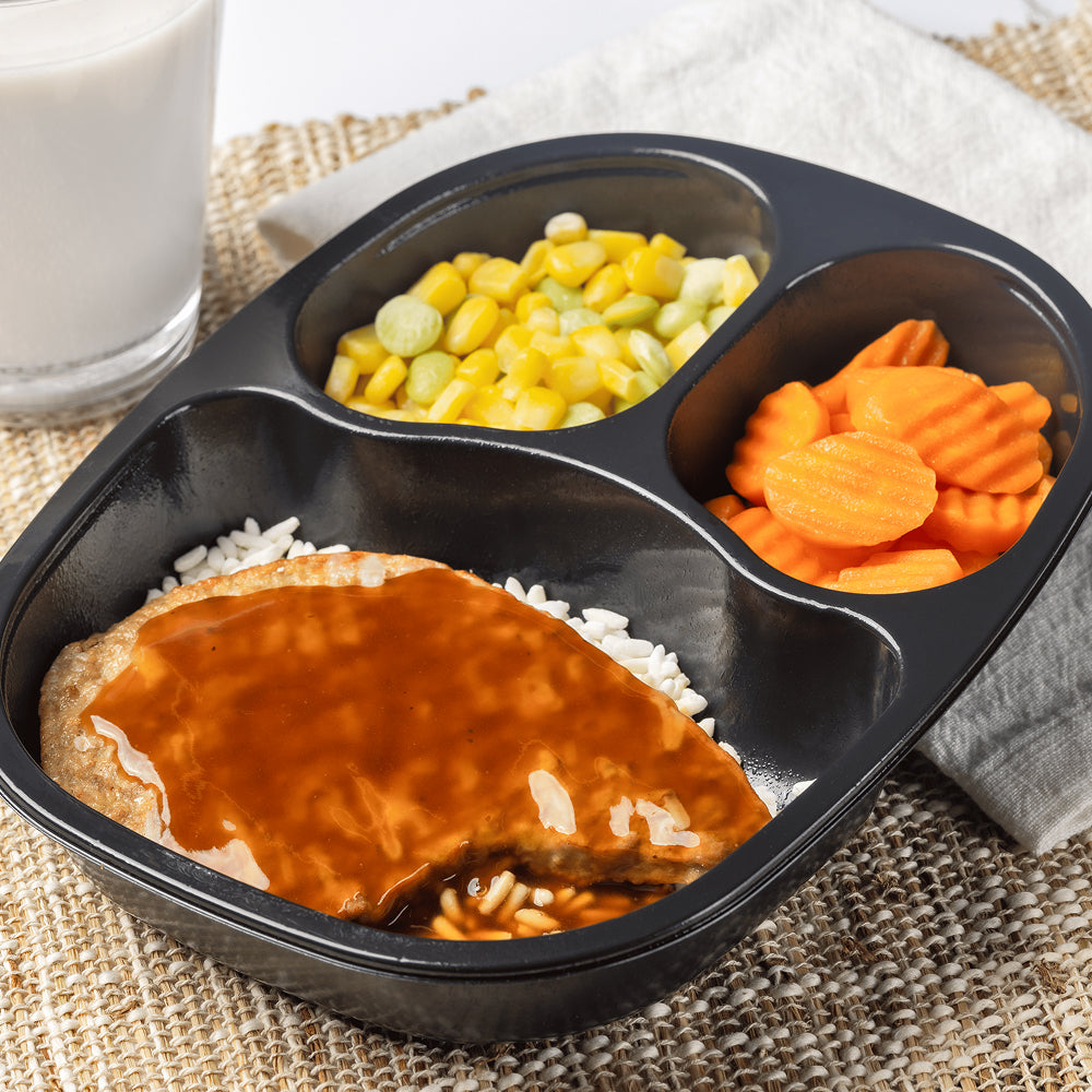 Pork Patty & Rice with Roasted Garlic Gravy with Succotash and Carrots ...