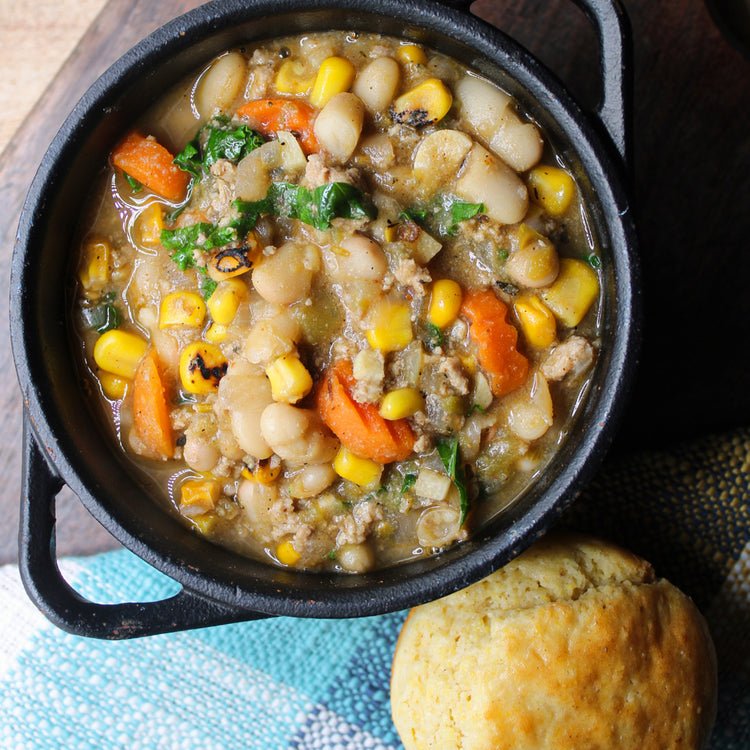 Turkey White Bean Chili with Corn Muffin